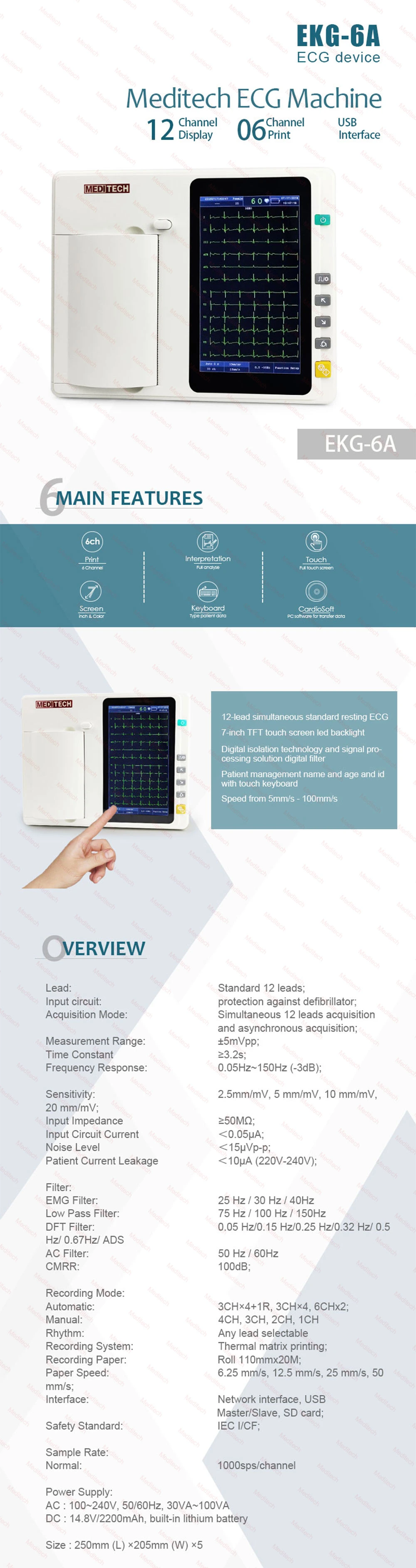 CE Approved Digital Portable 6 Channel 12 Lead ECG EKG Monitor Machine